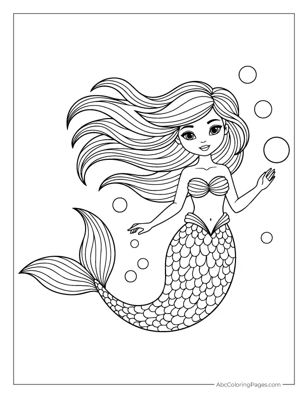 Stylized mermaid with bubbles simple coloring page