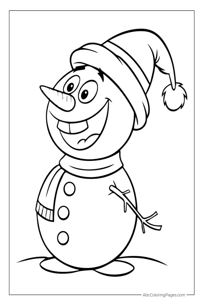 Smiling Snowman with Hat and Scarf printable PDF coloring page