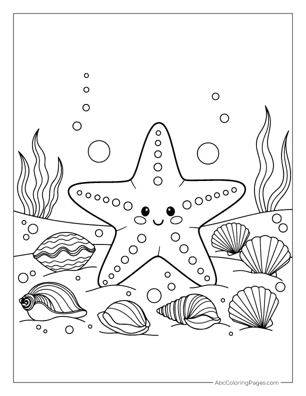 Smiling Starfish on Coral Reef printable PDF coloring page