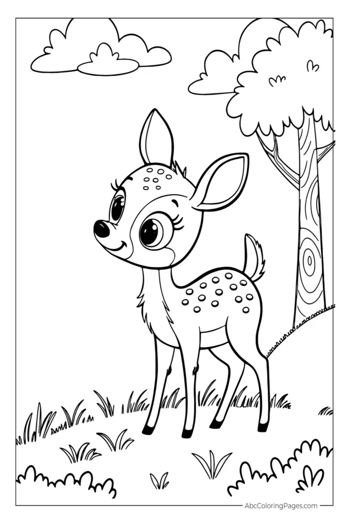 A black and white line-art drawing of a small cartoon deer with spots, standing in a grassy field with plants, a tree in the background, and clouds above.