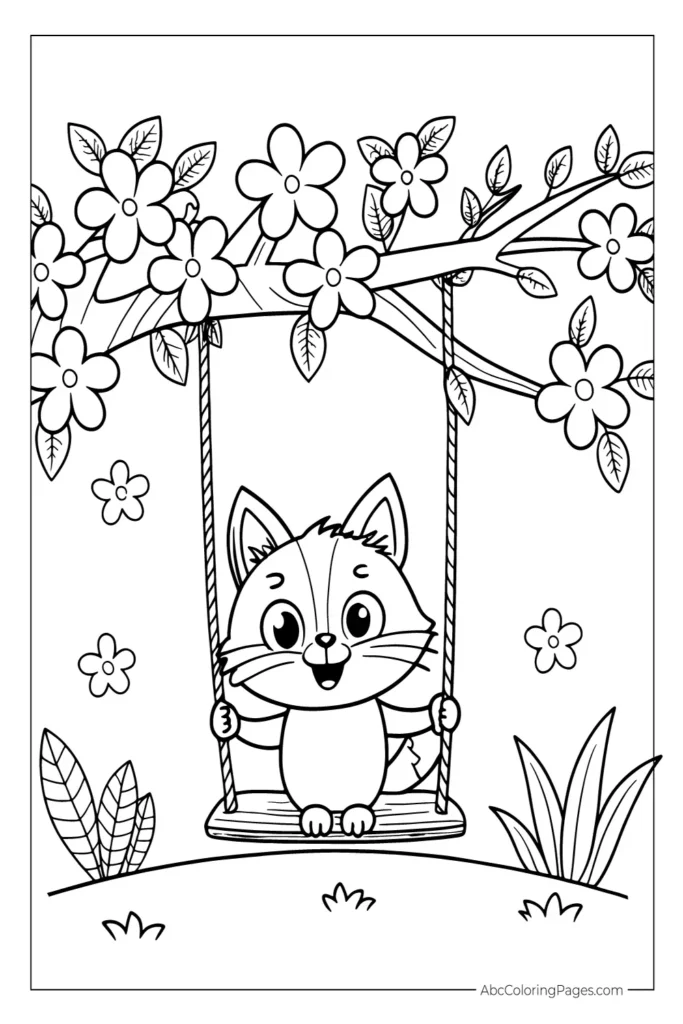 A black and white line-art illustration of a happy cartoon cat sitting on a swing hanging from a blossoming tree, with grass and flowers below.