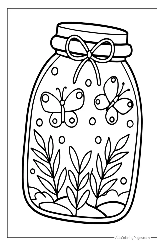 A black and white spring-themed illustration of a glass jar with a ribbon, containing butterflies, small plants, and bubble-like decorations.