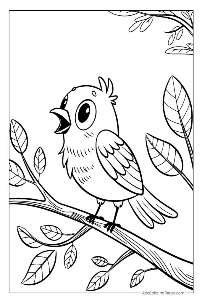 A black and white coloring page of a cartoon bird with big eyes, perched on a branch and singing. Surrounded by simple leafy branches and wood textures.