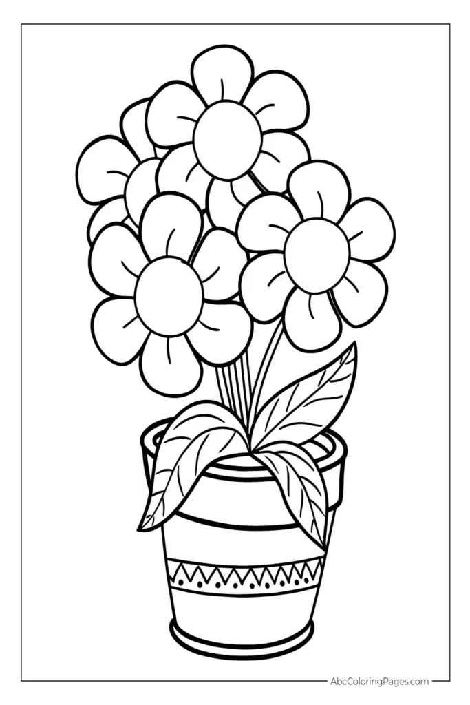 A black and white line-art drawing of a rounded flower pot with a patterned band, holding three blooming flowers and several stylized leaves.