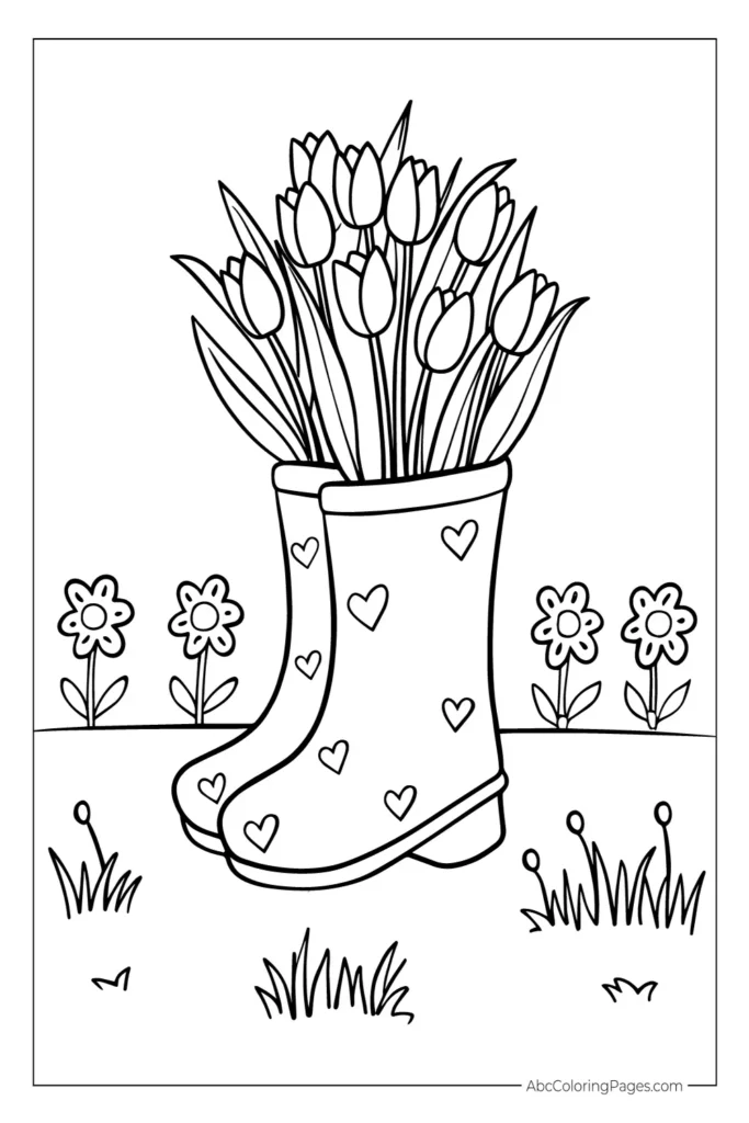 A black and white line drawing of tulips inside heart-patterned rain boots, placed on a grassy patch with small flowers—designed for coloring.