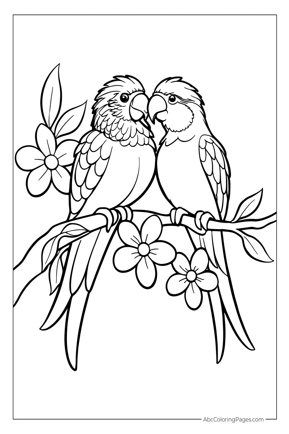Black and white spring season coloring page featuring two parakeets perched on a branch with a floral border, perfect for kids' spring crafts.