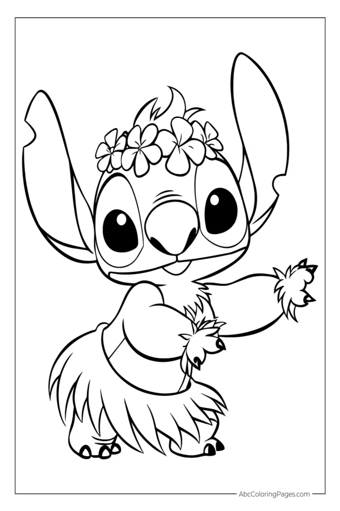 Stitch Coloring Pages – Cute Hawaiian Stitch with Flower Crown and Hula Skirt