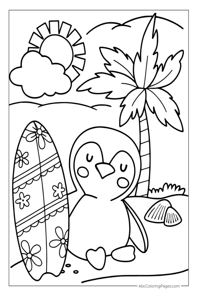 Black and white penguin coloring page with a smiling penguin holding a surfboard on a beach, with a palm tree, sun, clouds, and ocean waves in the background.