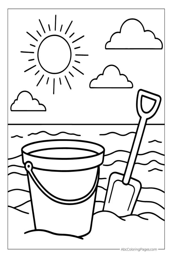 The image is a black and white outline drawing, designed as a coloring page. It depicts a sunny day at the beach. In the foreground, there's a bucket and shovel partially buried in the sand. Behind them is the ocean, indicated by wavy lines, and above, the sky includes a bright sun with radiating lines and several fluffy clouds.