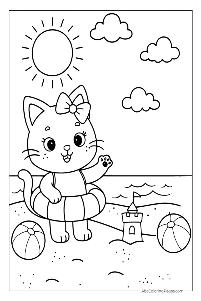 Black and white summer coloring page free to print, showing a cartoon cat in a swimsuit with a bow, standing on the beach with an inner tube, sandcastle, beach balls, sun, clouds, and ocean waves.