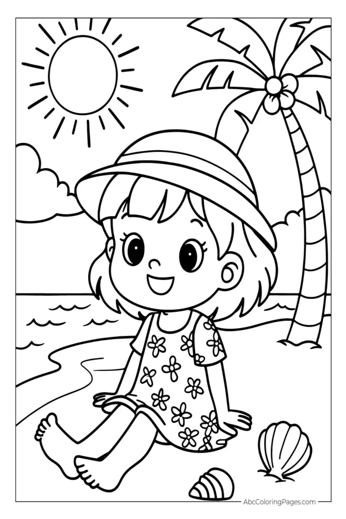 Black and white summer coloring page free to download, featuring a cheerful girl in a sunhat and floral dress sitting barefoot on the beach with a palm tree, seashell, sun, and ocean waves.