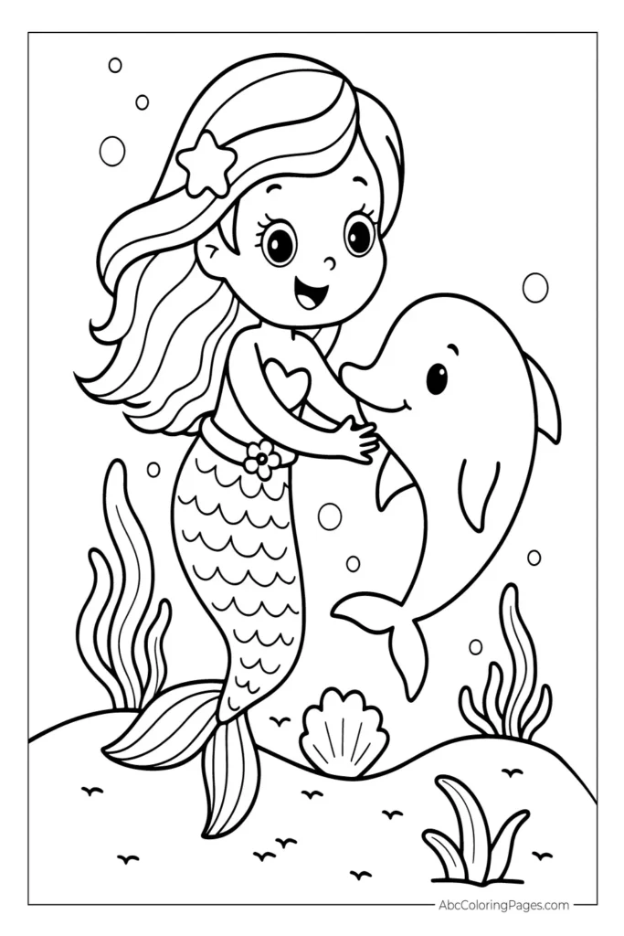 Black and white summer coloring page free to download, showing a cute mermaid with flowing hair hugging a dolphin, with seaweed, bubbles, and a seashell in an underwater scene.