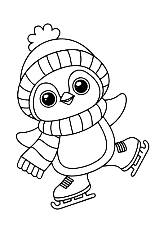 Black and white coloring page of a small penguin wearing a striped winter hat, scarf, and ice skates, gliding playfully on the ice with outstretched wings.