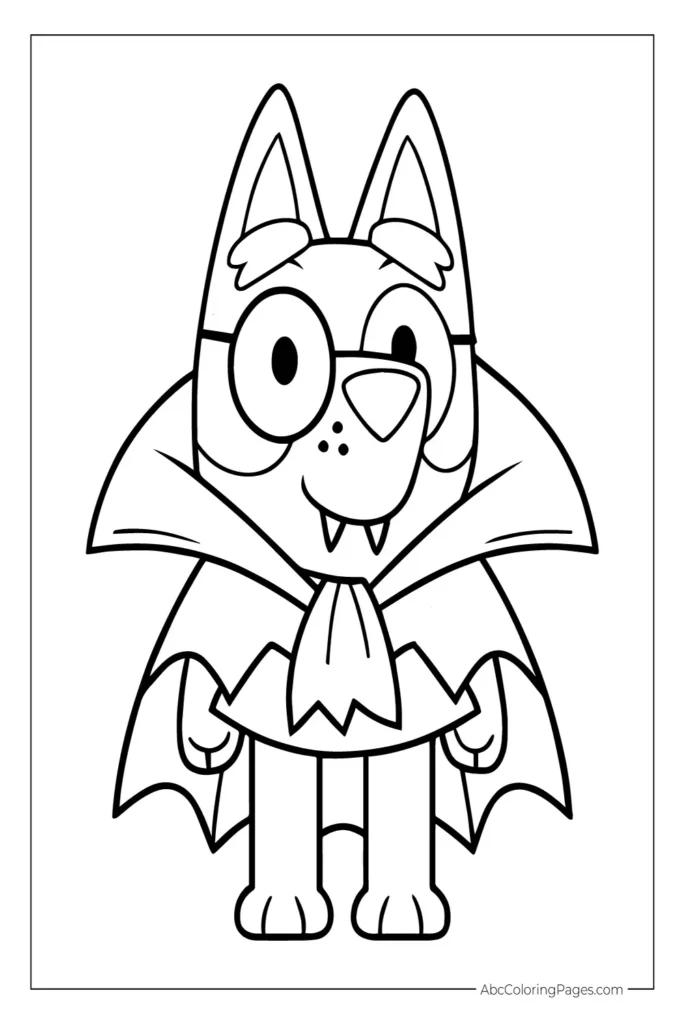 Bluey Dressed as a Friendly Vampire printable PDF coloring page