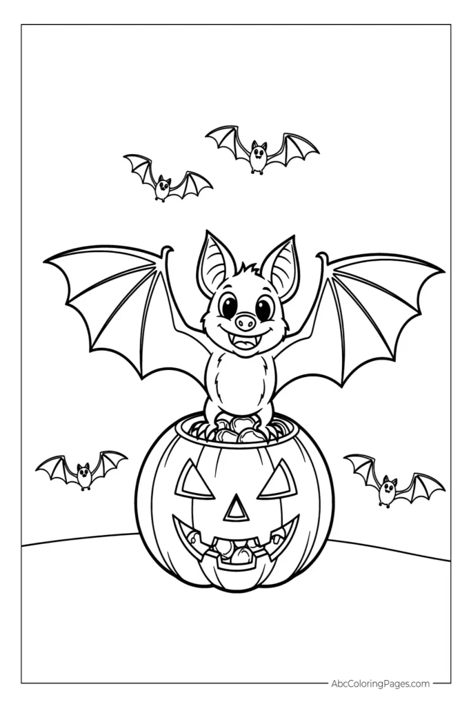 Cartoon Bat on Candy-Filled Jack-o'-Lantern printable PDF coloring page