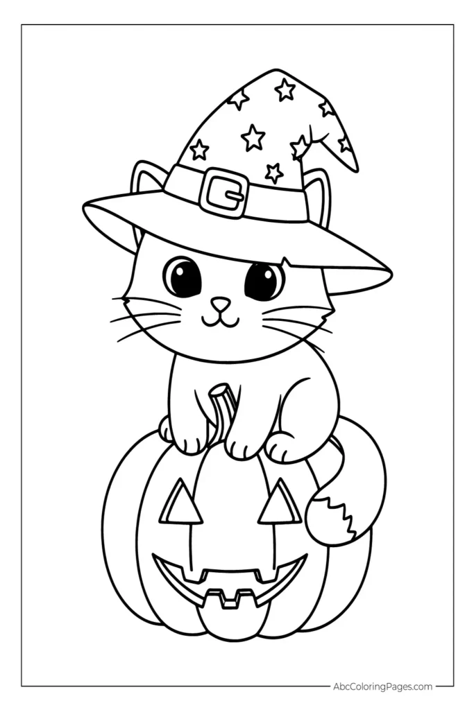Cute cartoon cat in witch hat on jagged jack-o'-lantern – Halloween coloring page