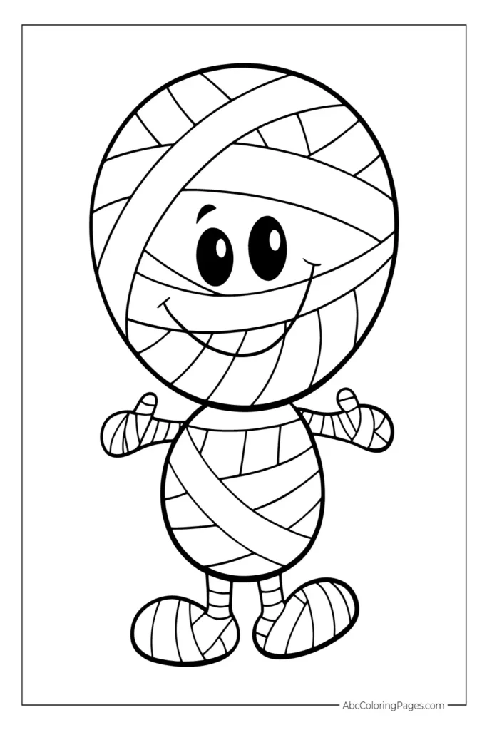Cute cartoon mummy with bandages and smiling face – Halloween coloring page