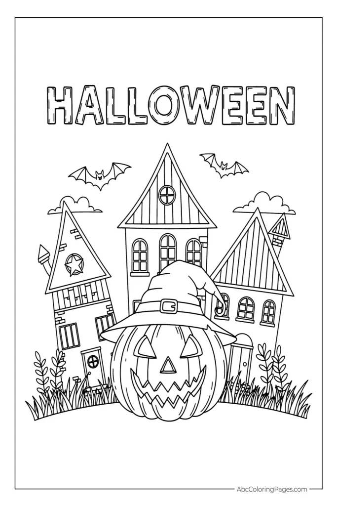 Spooky Houses with Pumpkin and HALLOWEEN Title printable PDF coloring page