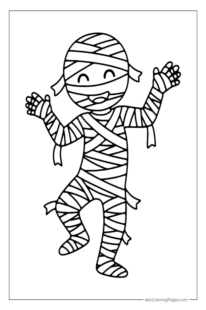 Happy Cartoon Mummy with Raised Arms printable PDF coloring page