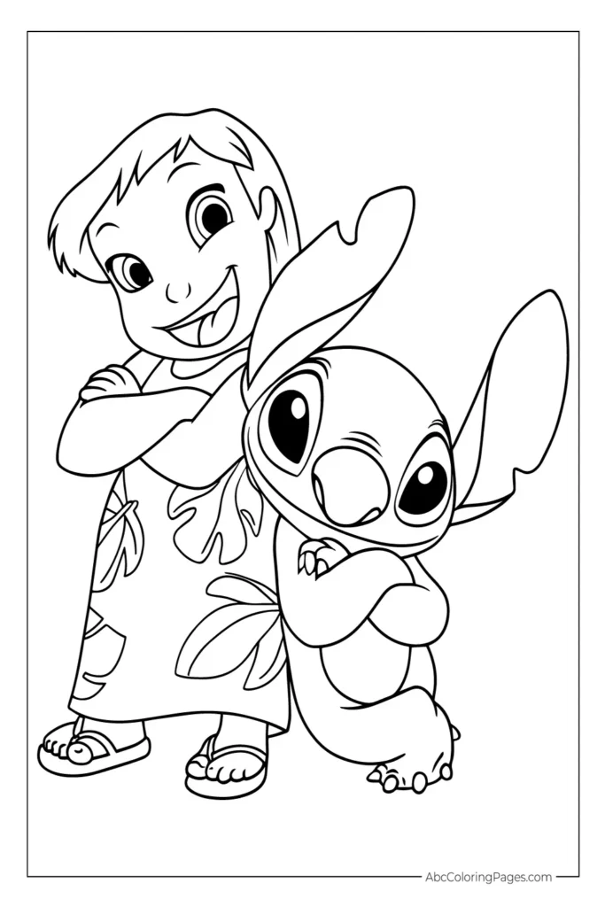 A black and white coloring page showing Lilo and Stitch. Lilo, a young girl with a leaf-print dress and crossed arms, stands in front smiling with her tongue out. Behind her, Stitch, the alien character, also crosses his arms with a playful expression.