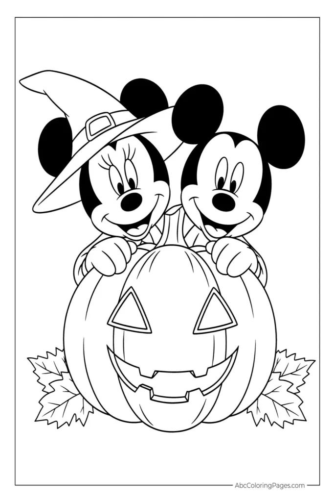 Mickey and Minnie Holding a Jack-o'-Lantern printable PDF coloring page