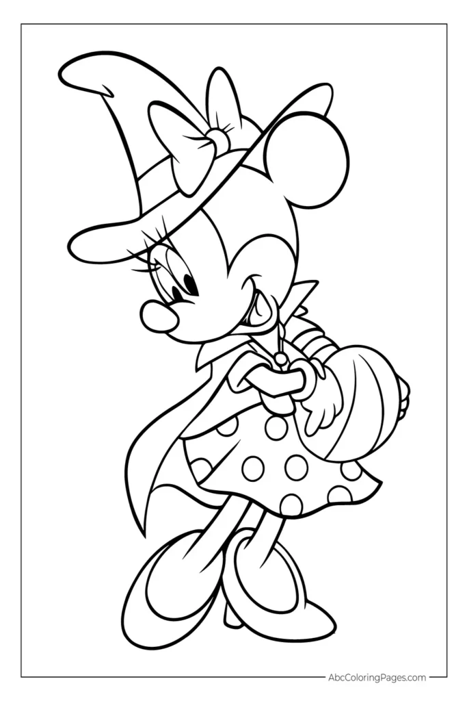 Minnie Mouse in Witch Costume Holding a Pumpkin printable PDF coloring page