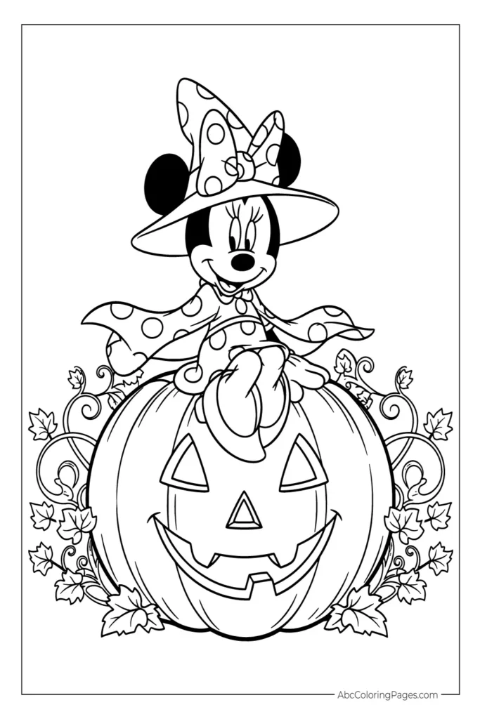 Minnie Mouse Witch Sitting on a Jack-o'-Lantern printable PDF coloring page