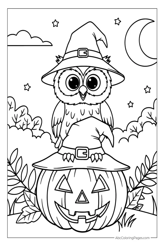Owl in Witch Hat Sitting on a Jack-o'-Lantern printable PDF coloring page