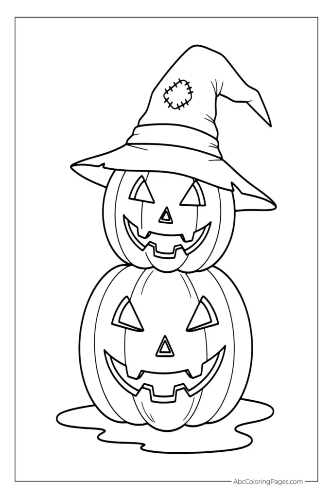 Stacked Jack-o'-Lanterns with Tattered Witch Hat printable PDF coloring page