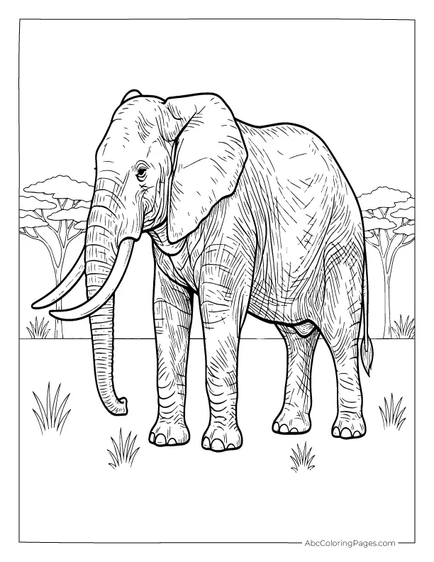 Free Printable Animal Coloring Pages 6 Realistic elephant coloring page with detailed anatomy and simple savanna background