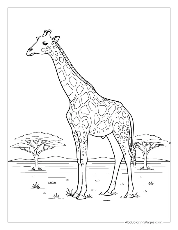 Free Printable Animal Coloring Pages 7 Realistic giraffe coloring page with accurate proportions and minimalist savanna background