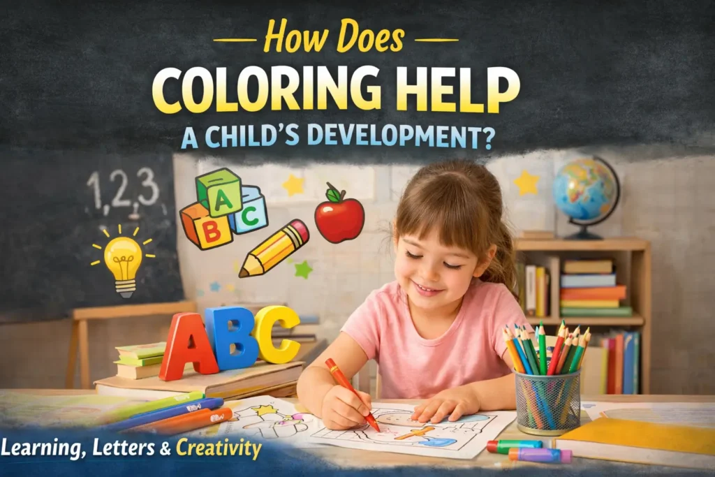 How Does Coloring Help a Child’s Development? Free Printable Learning Coloring Pages 1 A young girl coloring a cat and star on a worksheet in a bright classroom, surrounded by educational icons like ABC blocks, colored pencils, and a lightbulb, illustrating how coloring helps a child’s development and early learning.